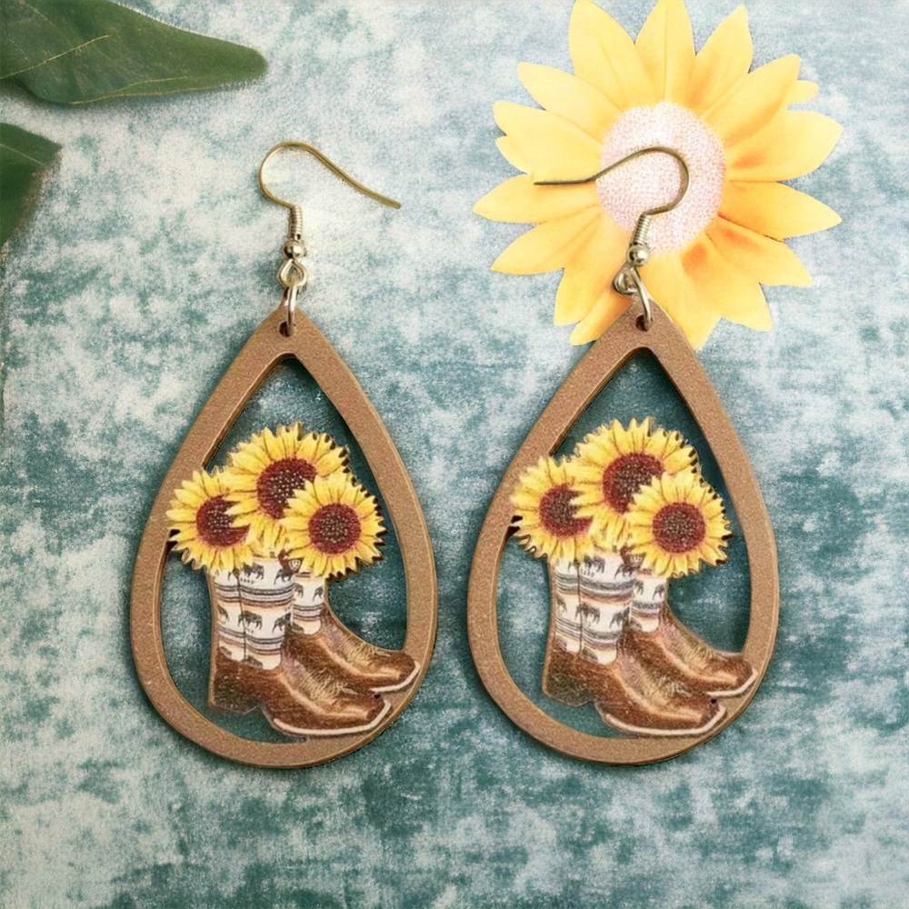 Western‎ Retro Personality Cowboy Boots Sunflower Earrings Wooden Water Drop